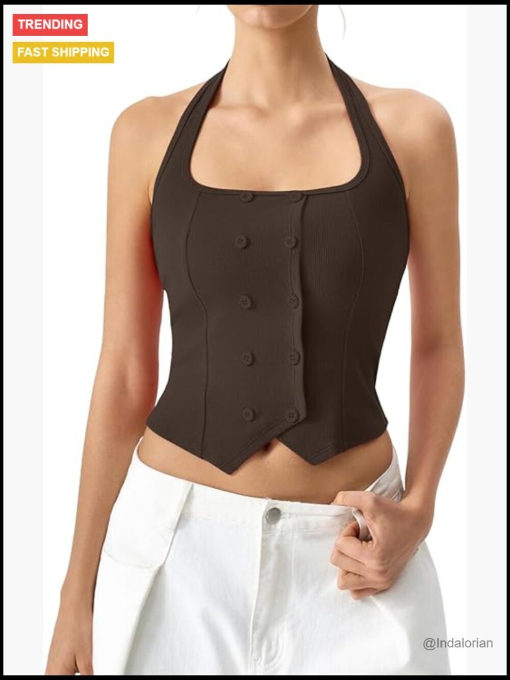 Halter Square Neck Crop Tank Top Button Front Sleeveless Slim Fit Corset Vest